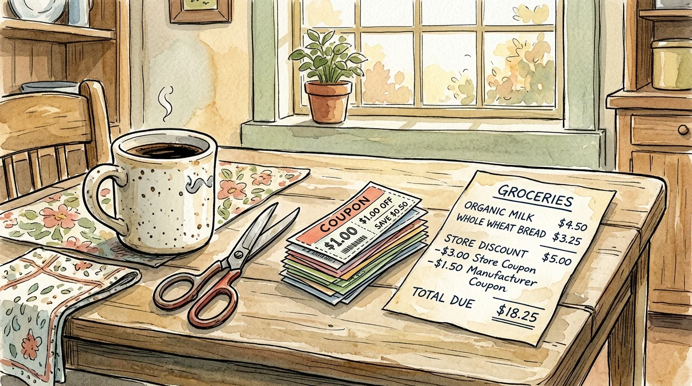 An ink and watercolor illustration of clipped coupons, scissors, and a coffee mug on a wooden table, showing coupon stacking.