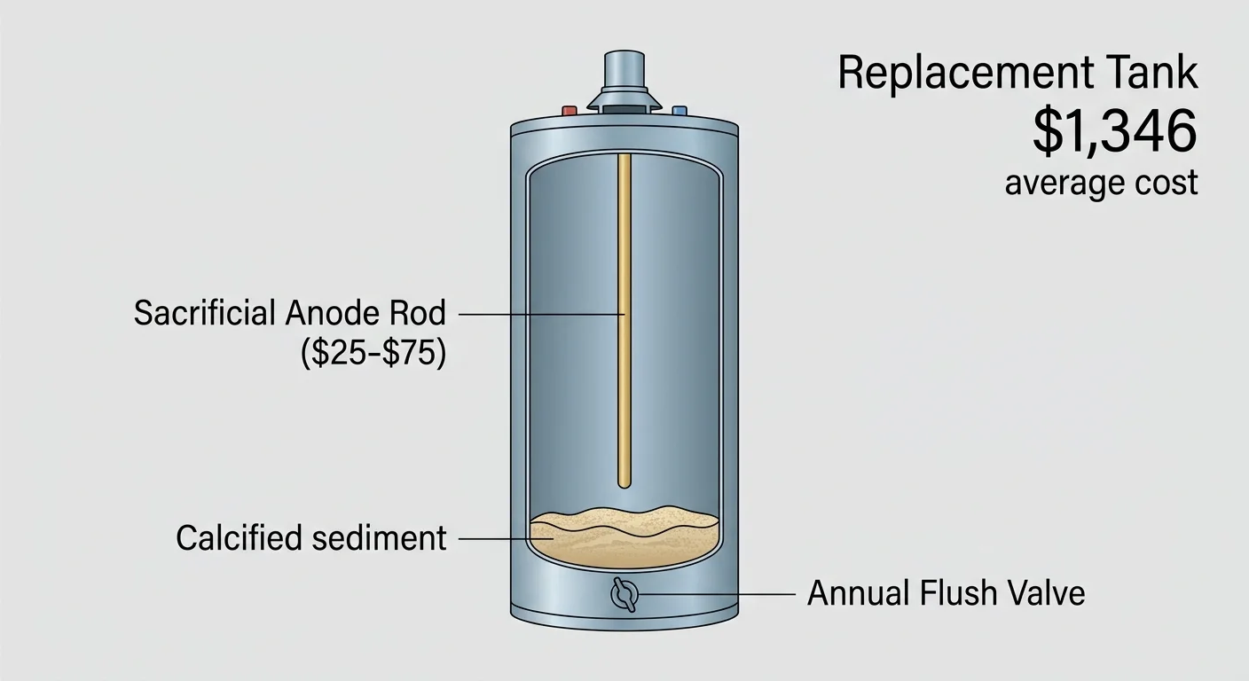 An instructional cross-section diagram of a water heater tank showing the sacrificial anode rod, sediment buildup, and cost labels.