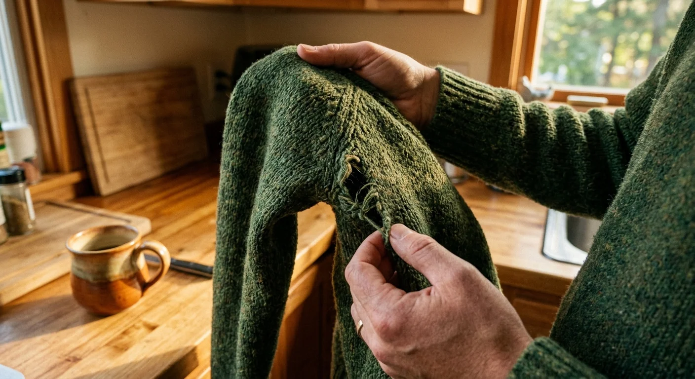 An iPhone-style photo of a person's hands holding up a green sweater in a kitchen, inspecting an open seam and loose thread.