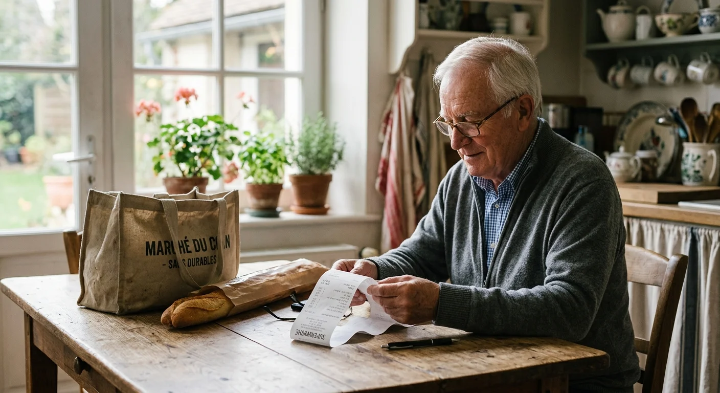 An older man sitting at a kitchen table reviewing his grocery receipt next to a reusable shopping bag.