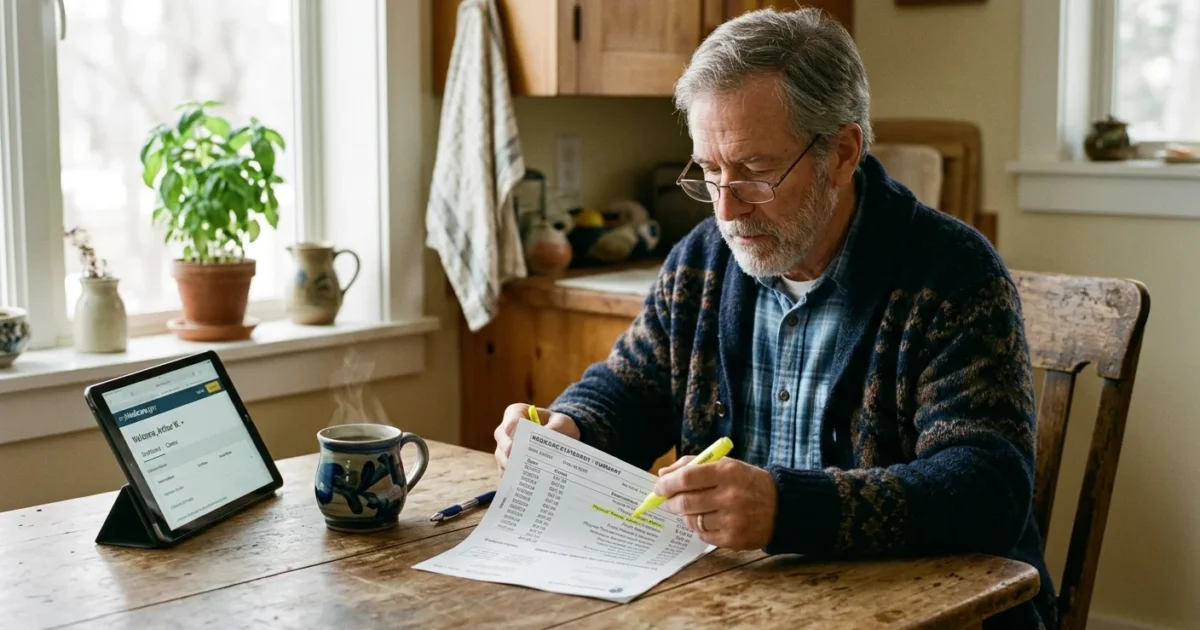 An older man wearing glasses carefully reviews a paper medical bill at a wooden table in his home kitchen.