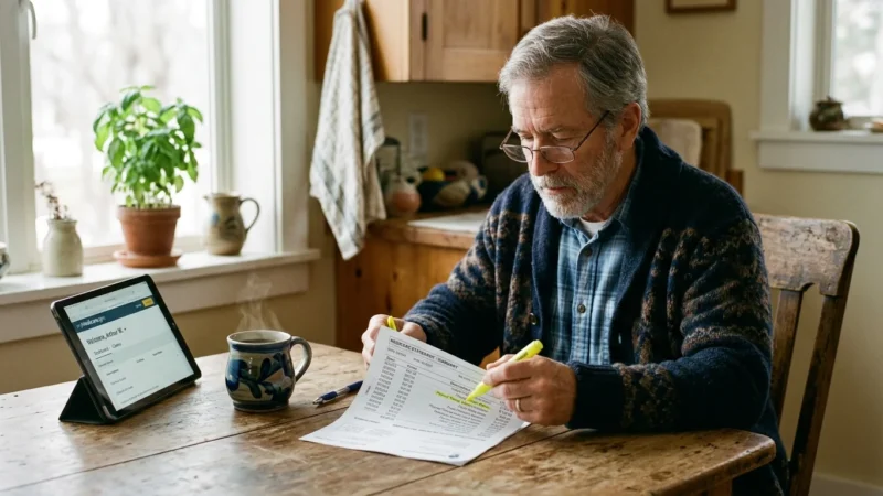 An older man wearing glasses carefully reviews a paper medical bill at a wooden table in his home kitchen.