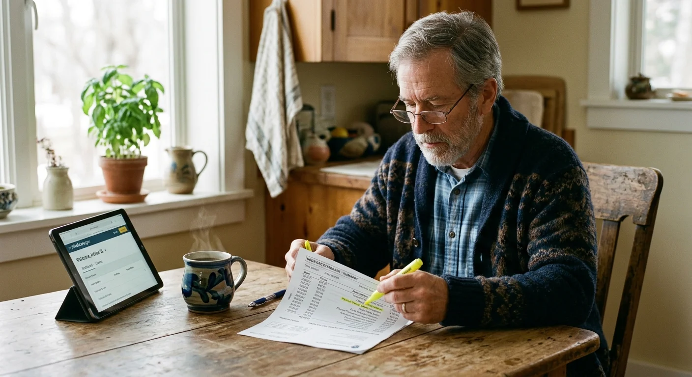 An older man wearing glasses carefully reviews a paper medical bill at a wooden table in his home kitchen.