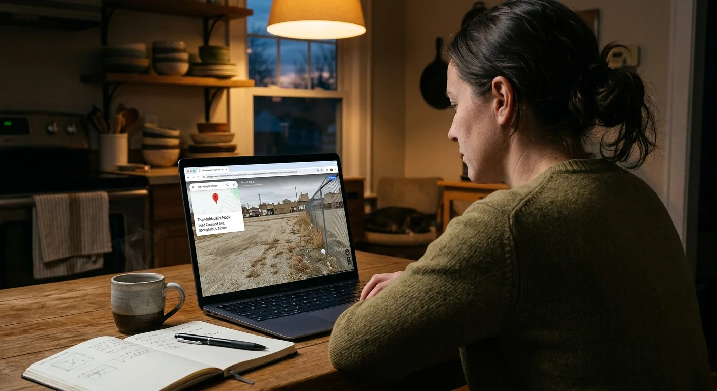 An over-the-shoulder photo of a woman looking at a laptop showing a vacant lot on street view, checking a suspicious address.