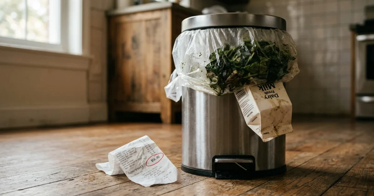 An overflowing kitchen trash can with wasted food and a receipt showing fifty-six dollars circled, representing weekly food waste.