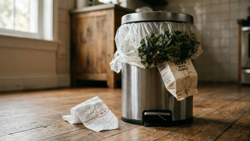 An overflowing kitchen trash can with wasted food and a receipt showing fifty-six dollars circled, representing weekly food waste.