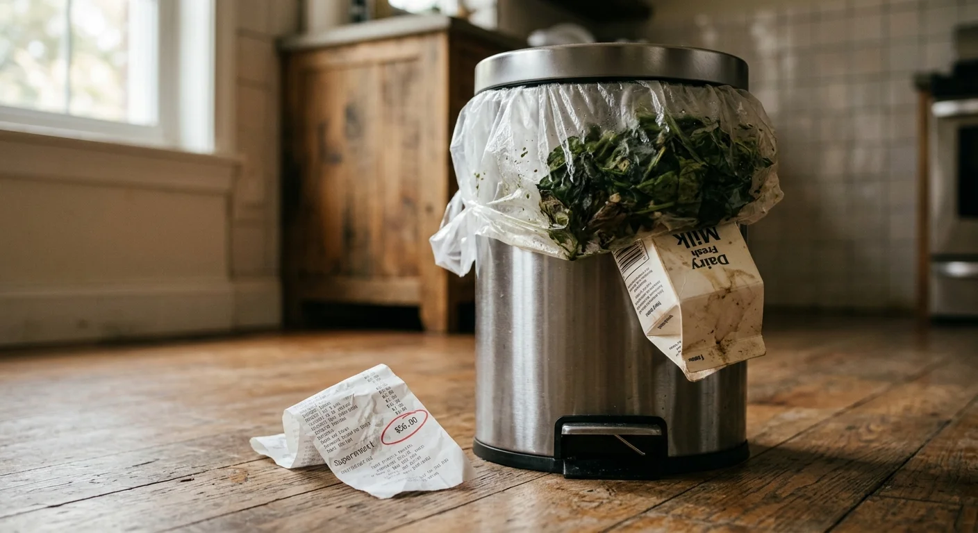 An overflowing kitchen trash can with wasted food and a receipt showing fifty-six dollars circled, representing weekly food waste.