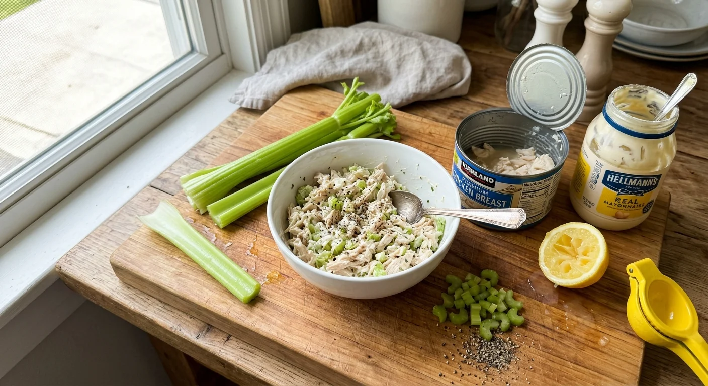 An overhead kitchen counter photo of a chicken salad bowl next to an open can of chicken breast, celery, and a lemon.