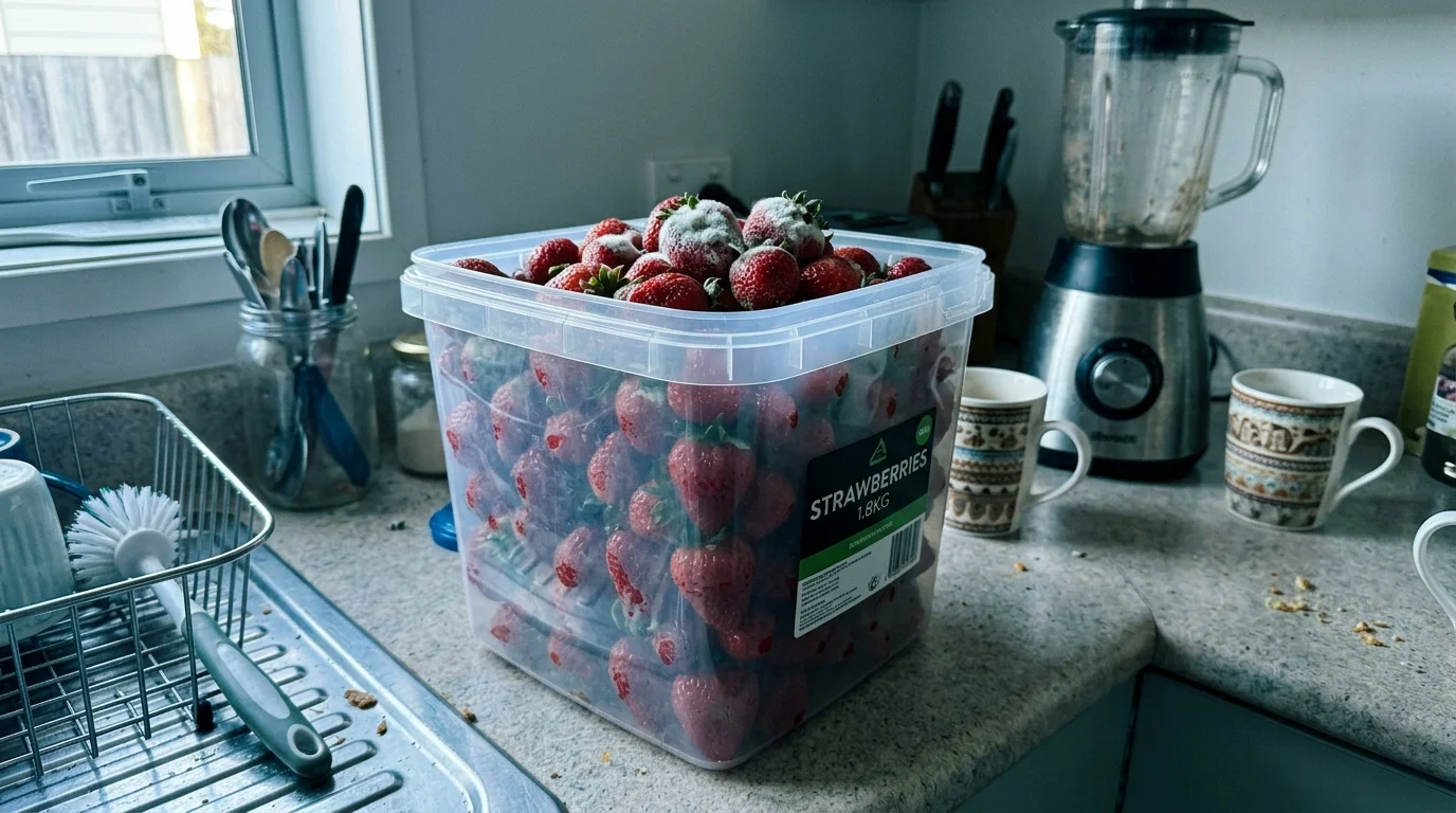 An oversized bulk container of strawberries showing mold on a home kitchen counter.