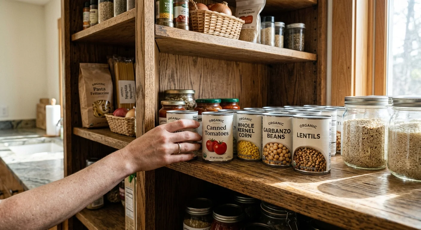 Candid view of hands organizing store-brand canned and boxed dry food items on a home pantry shelf.
