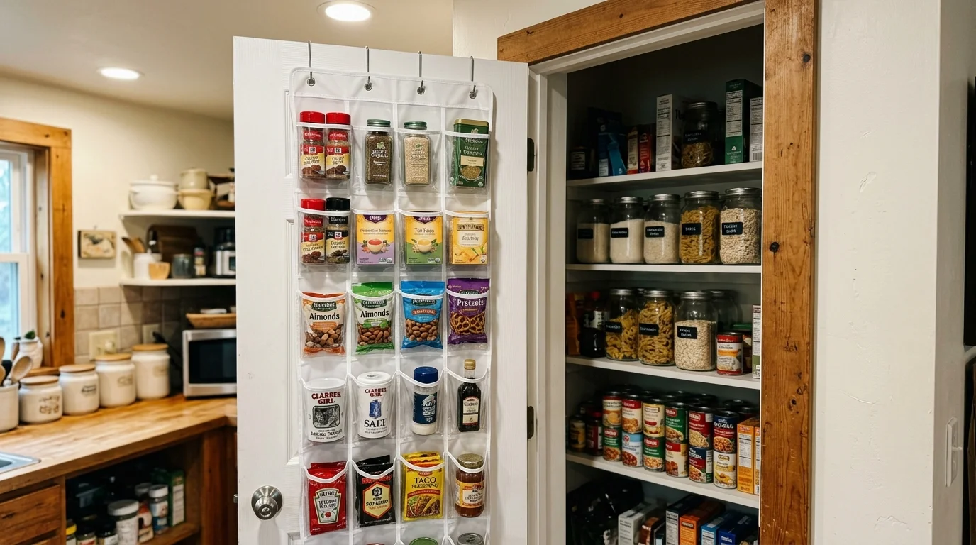 An open pantry door with a clear hanging organizer holding spices and snacks next to neatly organized pantry shelves.