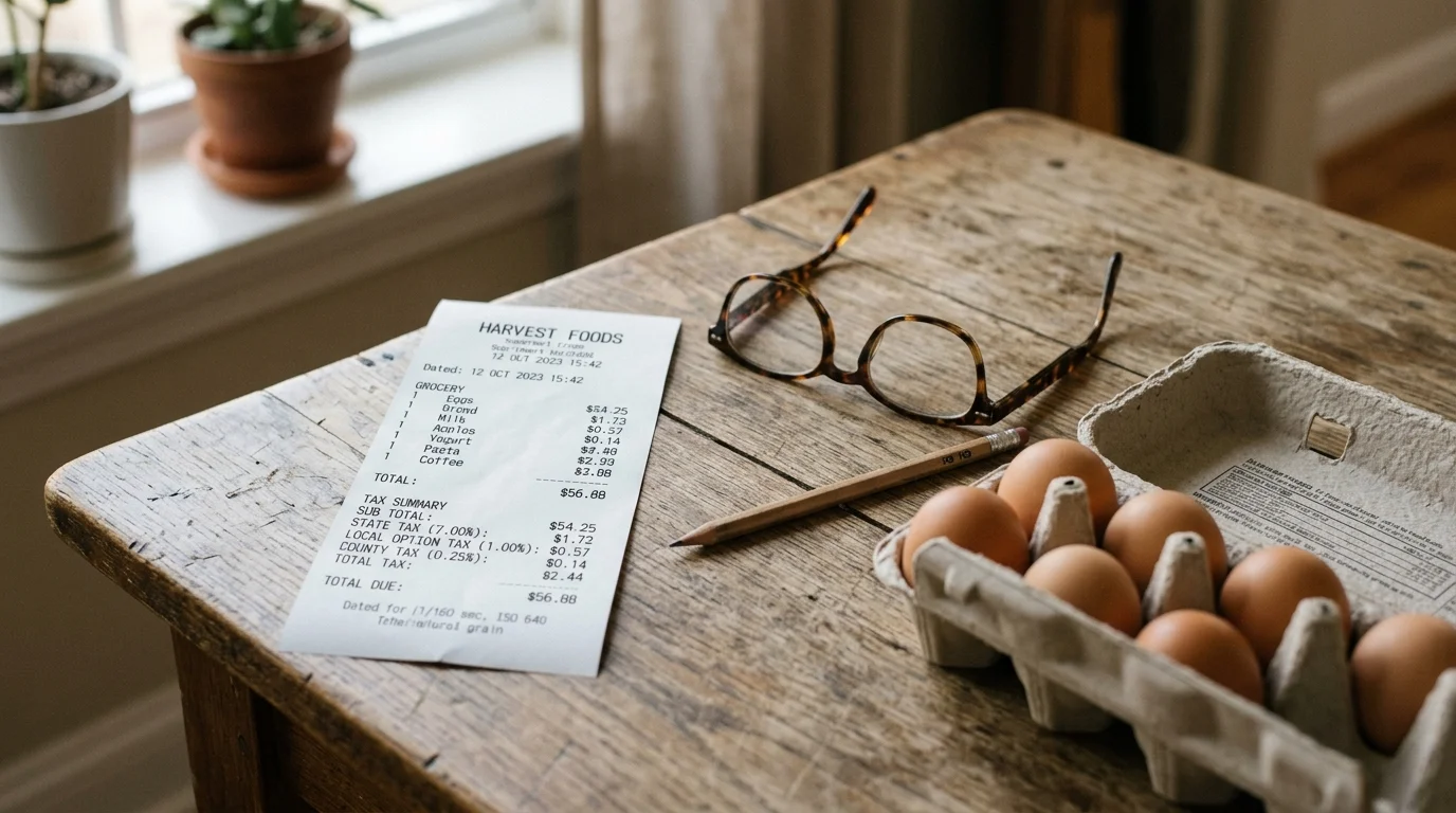 Grocery receipt, eyeglasses, a pencil, and an open carton of brown eggs resting on a rustic wooden table.