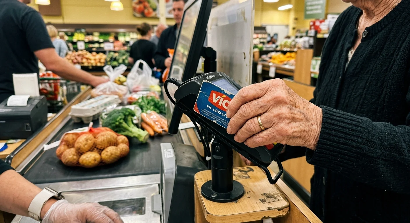 Close-up of a hand scanning a loyalty VIC card at a grocery checkout counter.