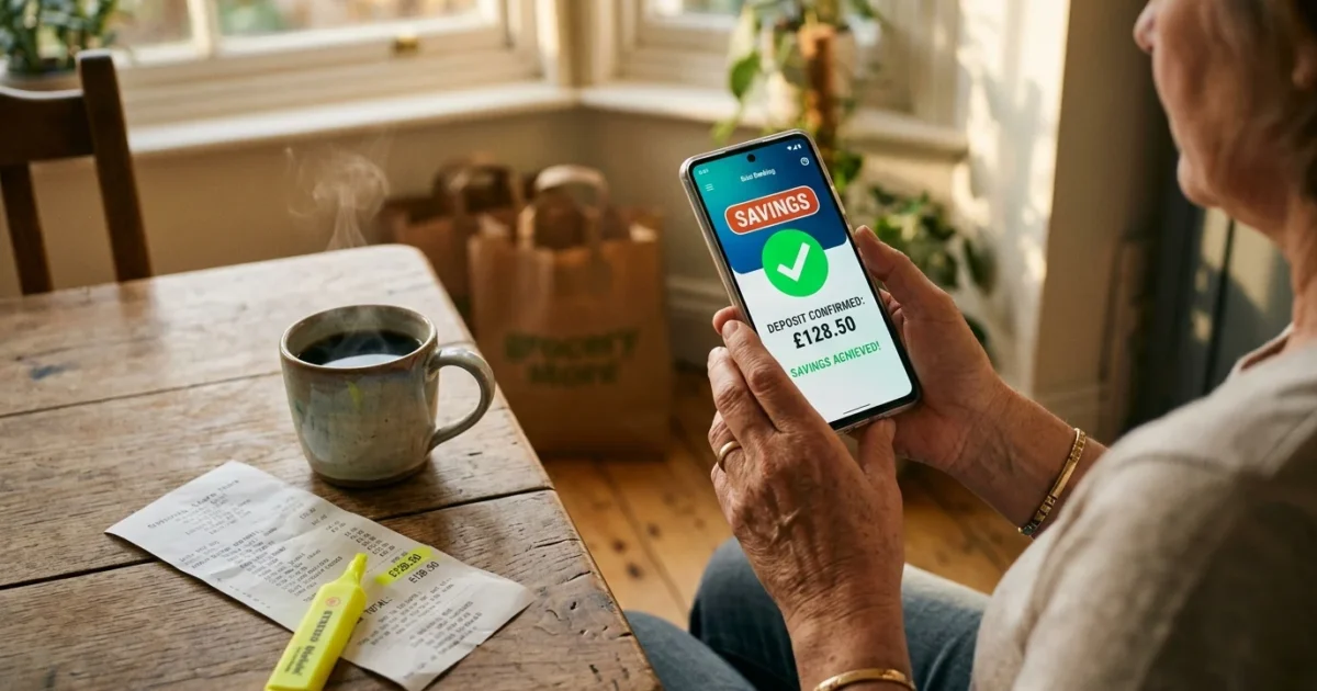 Close-up of hands holding a smartphone displaying shopping savings next to a highlighted receipt on a sunlit wooden table.