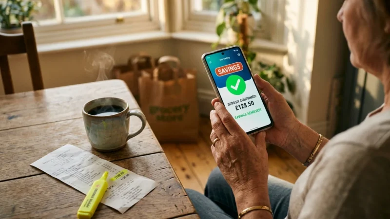 Close-up of hands holding a smartphone displaying shopping savings next to a highlighted receipt on a sunlit wooden table.