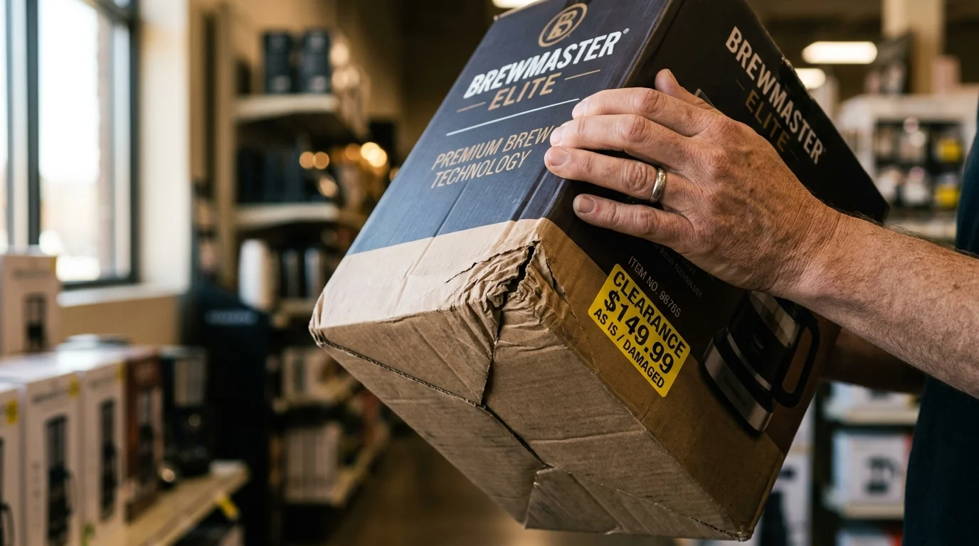 Close-up of hands inspecting a slightly dented cardboard box with a yellow clearance label in a store aisle.