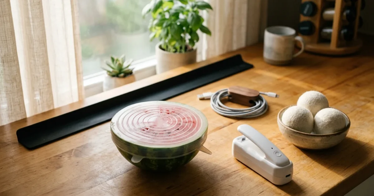 Household items on a wooden counter, including a watermelon half with a silicone lid, wool dryer balls, and a mini sealer.