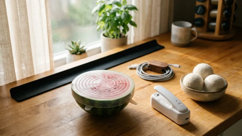 Household items on a wooden counter, including a watermelon half with a silicone lid, wool dryer balls, and a mini sealer.