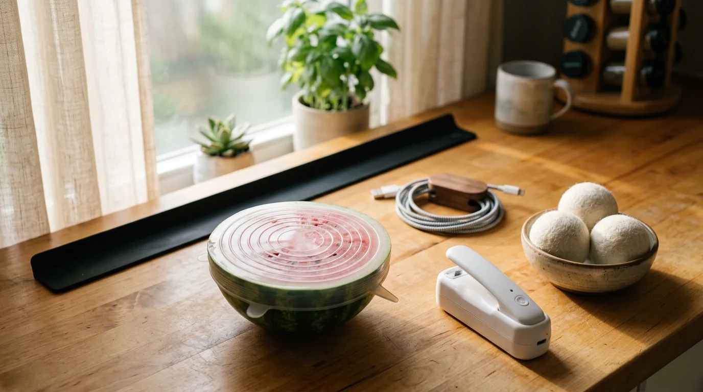 Household items on a wooden counter, including a watermelon half with a silicone lid, wool dryer balls, and a mini sealer.
