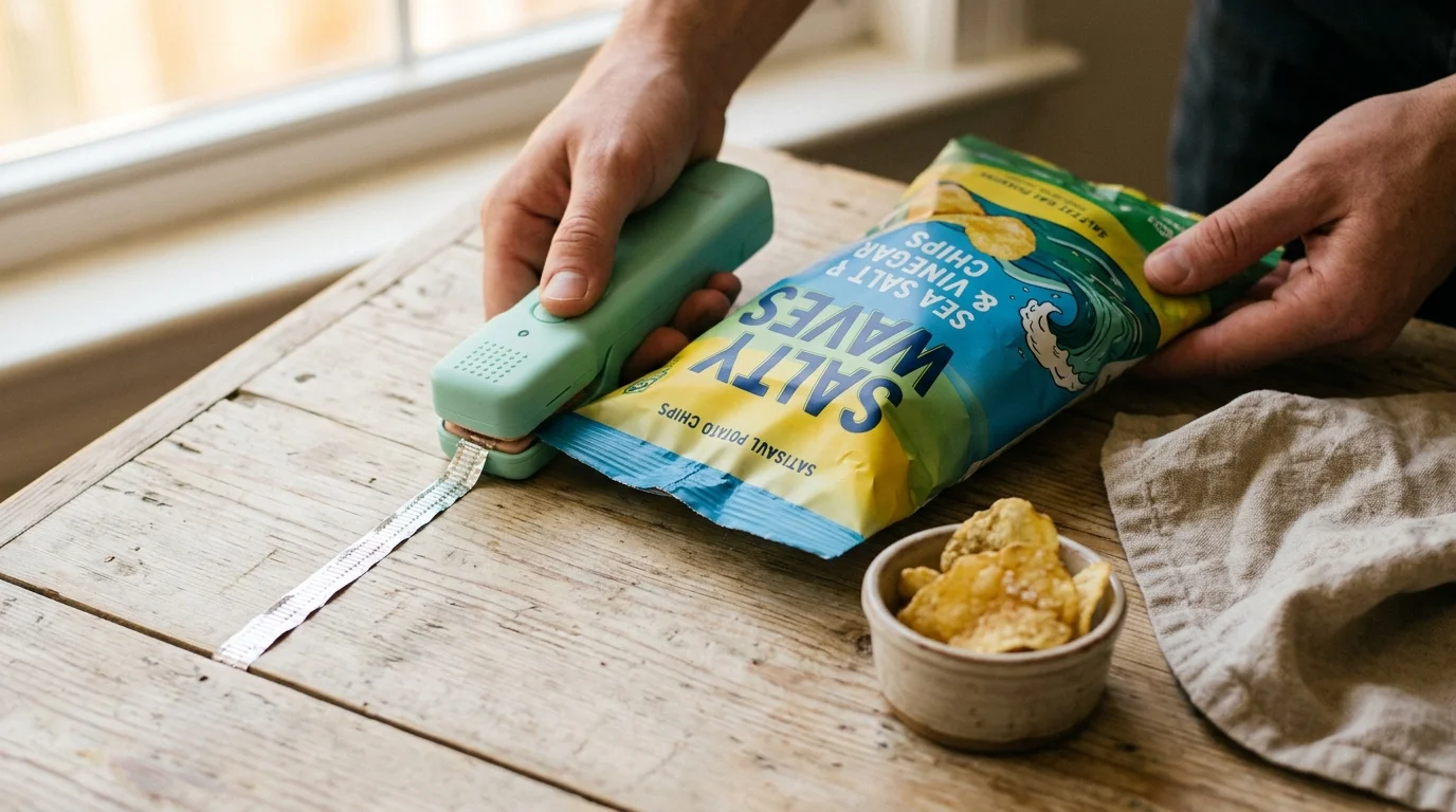 Hands using a mint green mini heat sealer across the top of an open potato chip bag on a wooden table.
