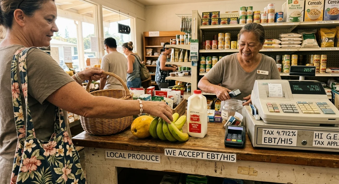 A customer places bananas and milk on a wooden checkout counter while a smiling cashier scans items at the cash register.
