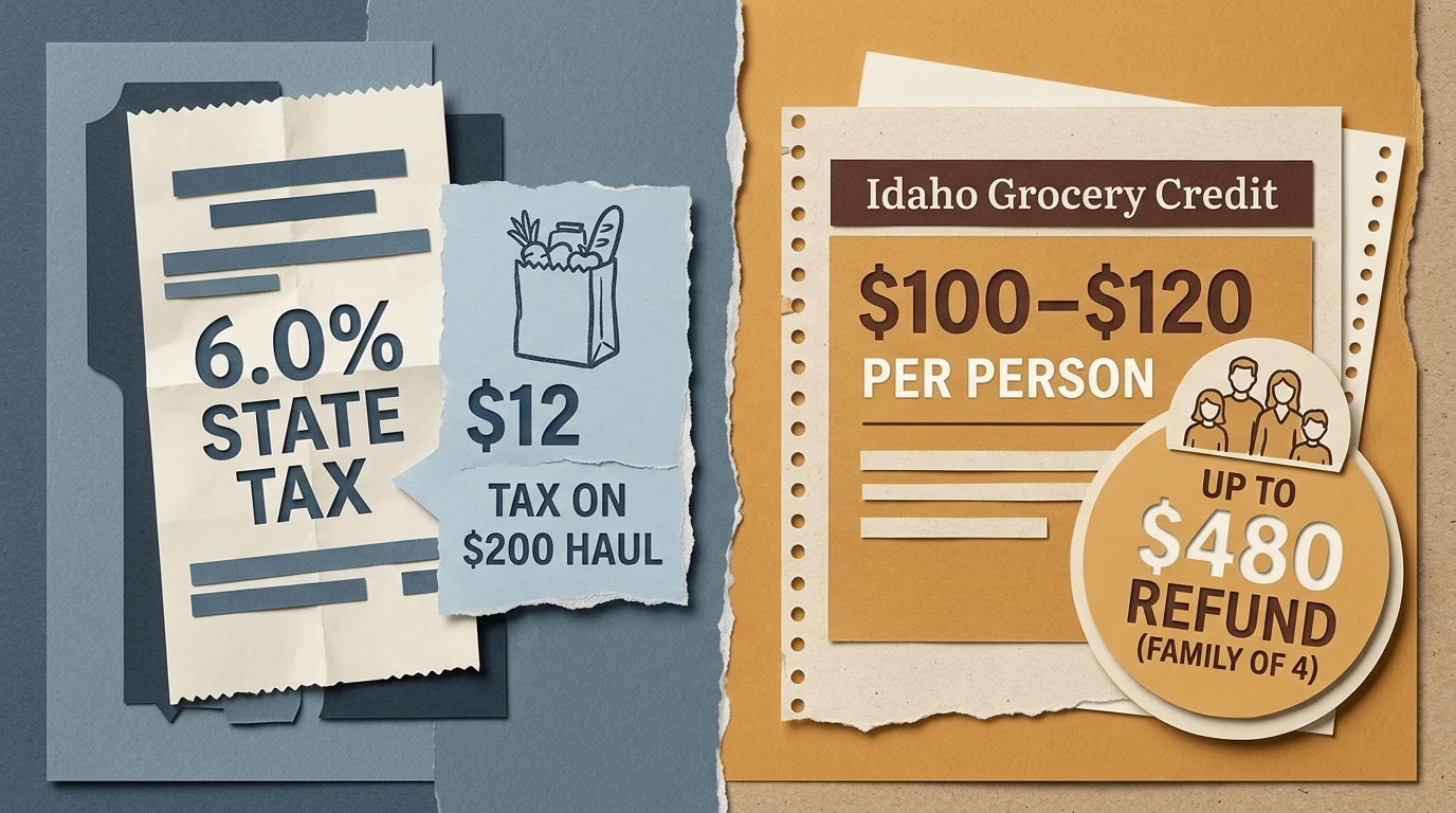 Paper collage graphic showing Idaho's 6.0% grocery sales tax details beside cards explaining the annual grocery credit.