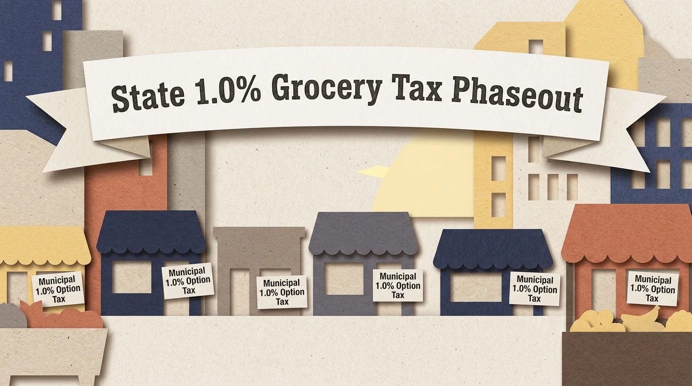 Paper cutout city skyline and storefronts with signs reading Municipal 1.0% Option Tax under a large banner.