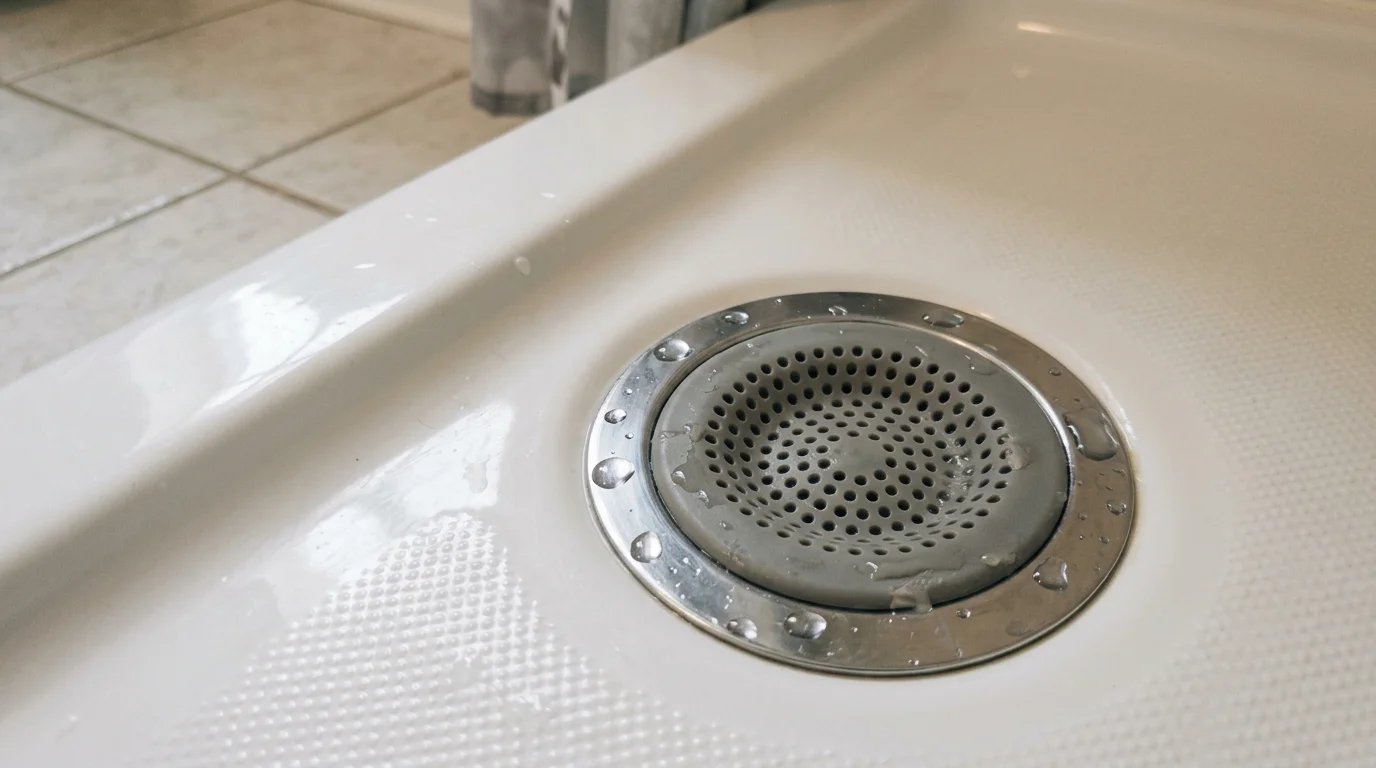 Close-up of a grey silicone strainer insert placed inside a round chrome shower drain in a white shower stall.
