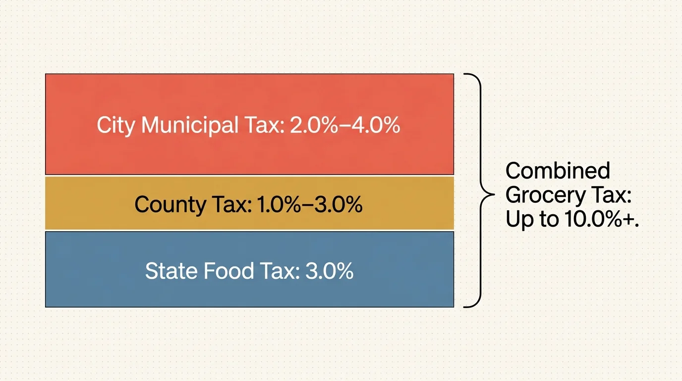 Stacked diagram showing State Food Tax 3.0%, County Tax 1.0%–3.0%, and City Tax 2.0%–4.0%, totaling Combined Grocery Tax Up to 10.0%+.