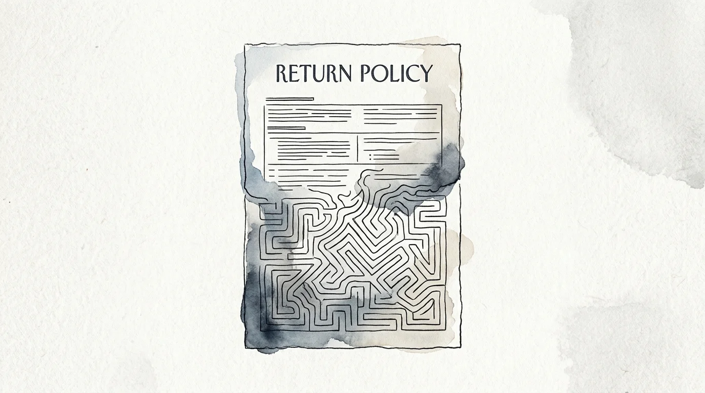 Editorial illustration of a return policy document dissolving into a complex labyrinth with no exit, representing vague terms.