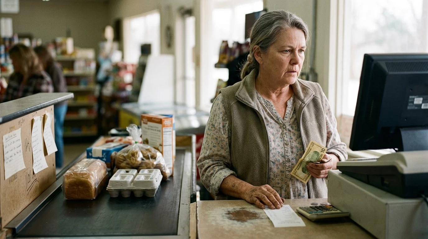 A woman holding cash stands at a grocery store checkout counter with bread, eggs, and other items on the conveyor belt.