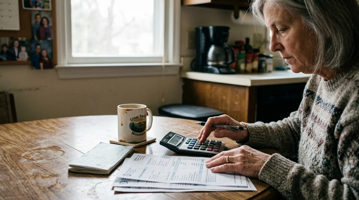 Woman sitting at a wooden table reviewing financial documents and using a calculator next to a coffee mug.