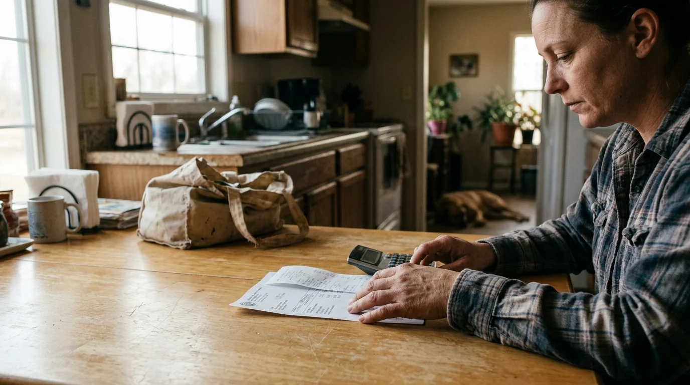 A woman sitting at a wooden kitchen table reviewing paper receipts with a small calculator in front of her.