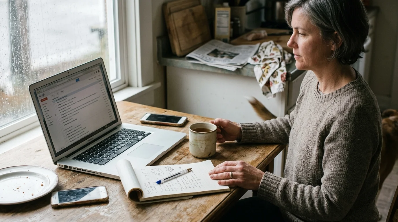 A woman sitting at a wooden table with an open laptop, a coffee mug, and a notebook beside a rainy window.