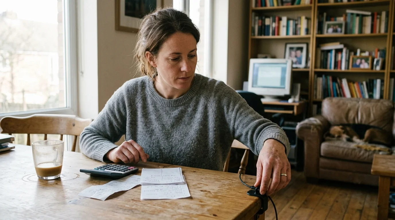 A woman sitting at a wooden table with a calculator, notes, and a desk cable clip in a home living room.