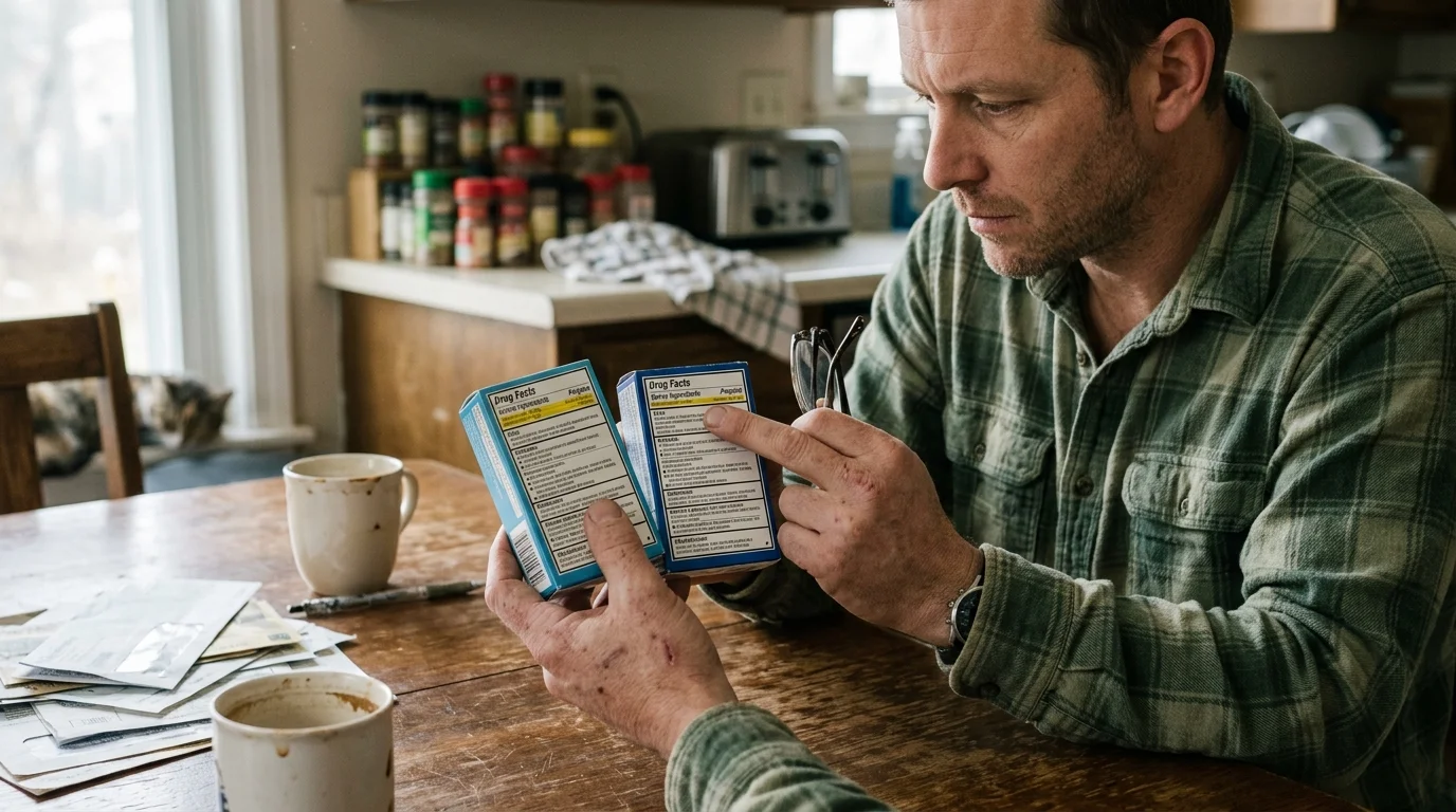 Editorial photograph illustrating: Tip #1: Identical Active Ingredients on the FDA Drug Facts Label
