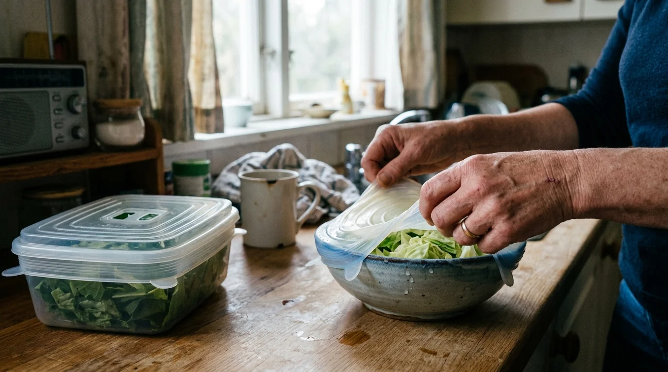 Hands stretching a translucent silicone lid over a ceramic bowl of chopped greens on a kitchen counter.