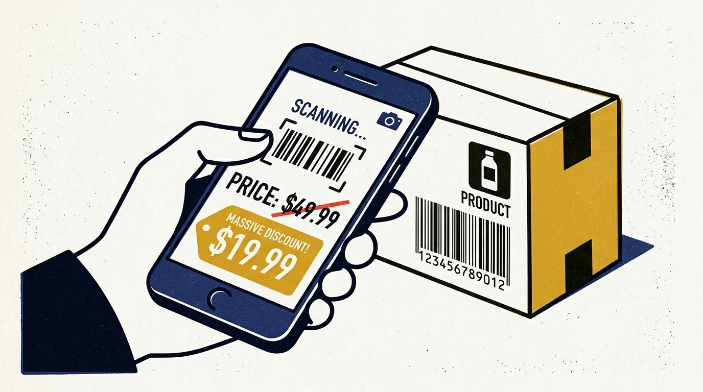 Flat-color graphic illustration of a hand using a smartphone to scan a barcode, revealing a hidden discount price on the screen.