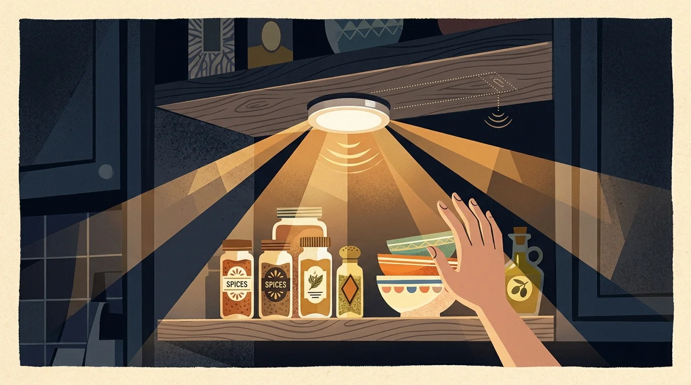 Illustration of a puck light under a wooden cabinet shelf illuminating spice jars as a hand reaches in.
