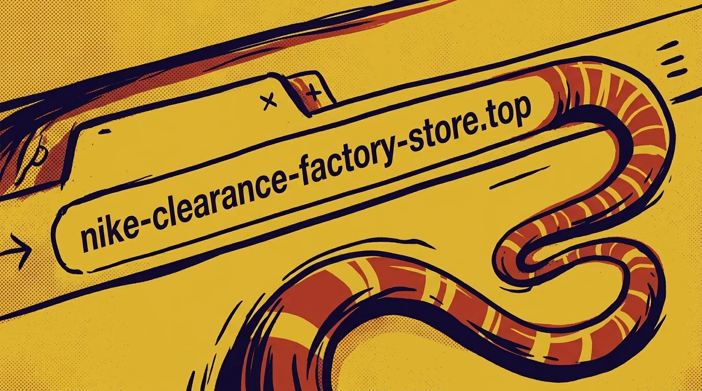 Graphic illustration of a web address bar displaying a spoofed URL that twists into a snake's tail, symbolizing deceptive domains.