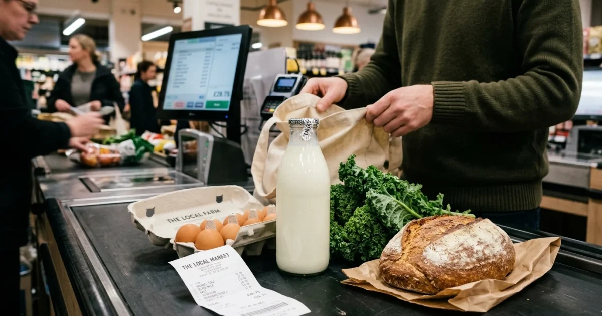 Groceries including milk, eggs, bread, and greens next to a receipt on a supermarket checkout conveyor belt.