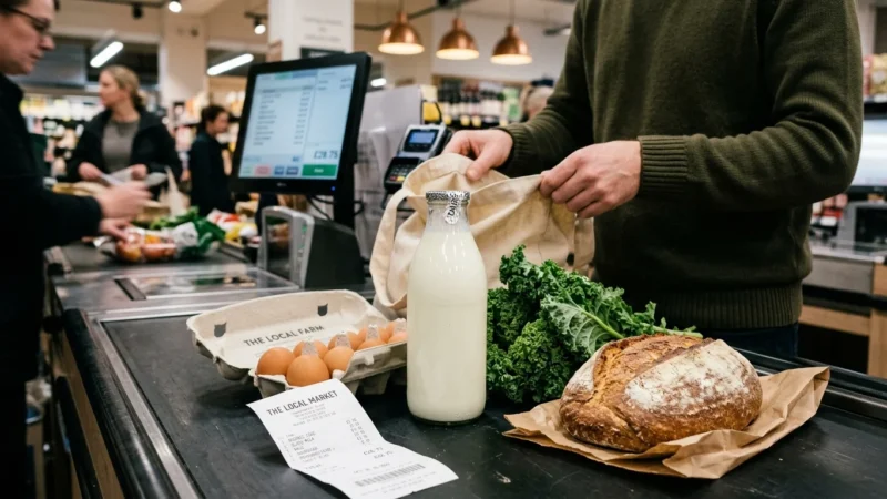 Groceries including milk, eggs, bread, and greens next to a receipt on a supermarket checkout conveyor belt.