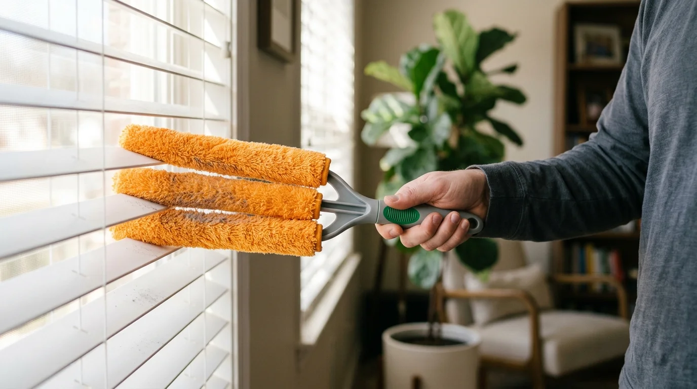 A hand holding an orange three-pronged microfiber duster tool between horizontal white window blind slats.