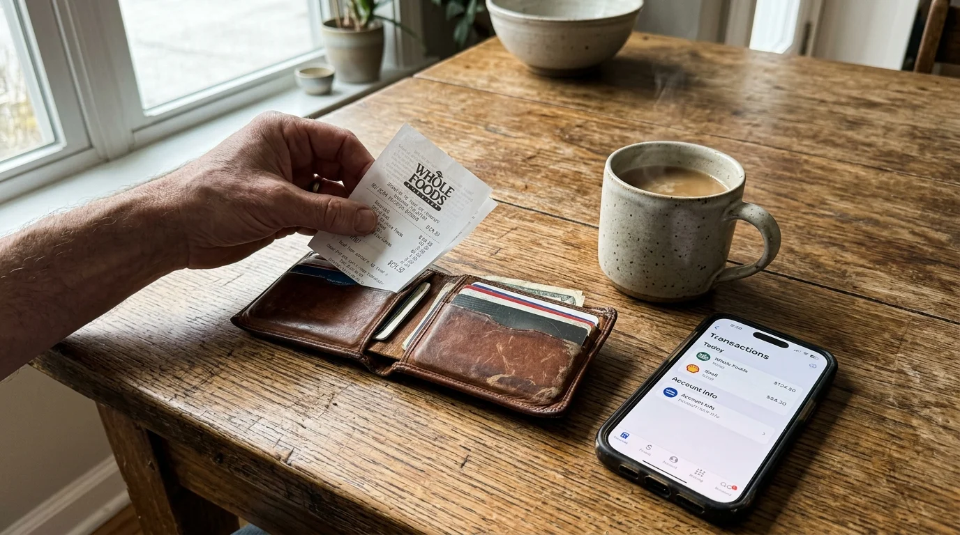 Hands folding a receipt into a wallet on a wooden table next to a smartphone showing financial details.