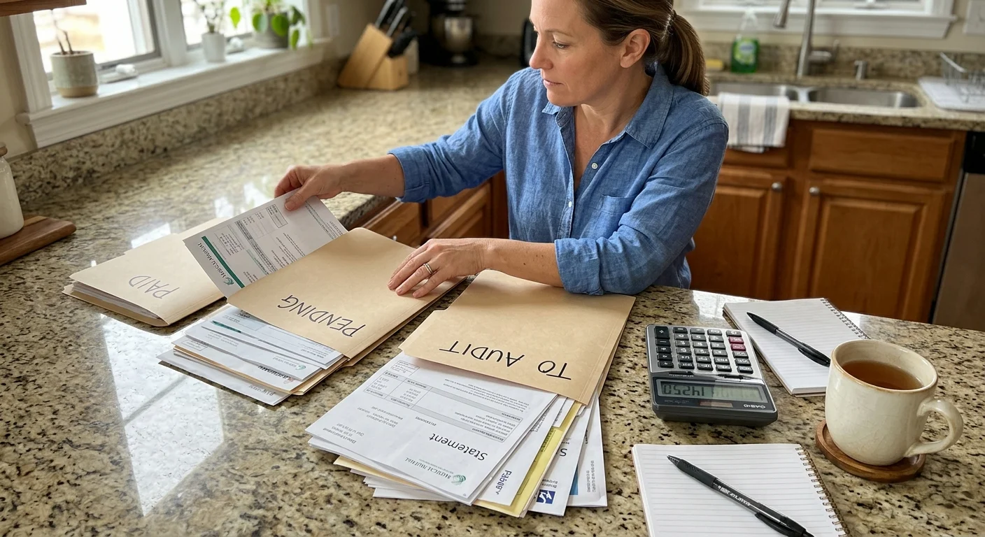 Hands neatly organizing medical bills into folders labeled Paid and Pending on a kitchen counter.