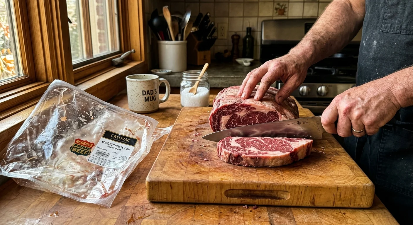 Hands slicing a thick, two-inch ribeye steak from a large whole vacuum-sealed loin on a wooden cutting board.