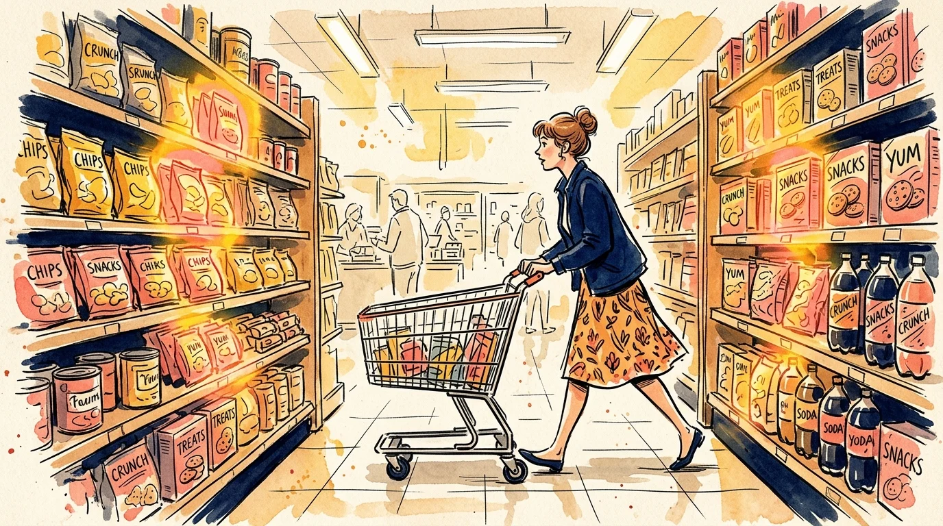 Illustration of a shopper surrounded by glowing, tempting snack food shelves in a grocery store.