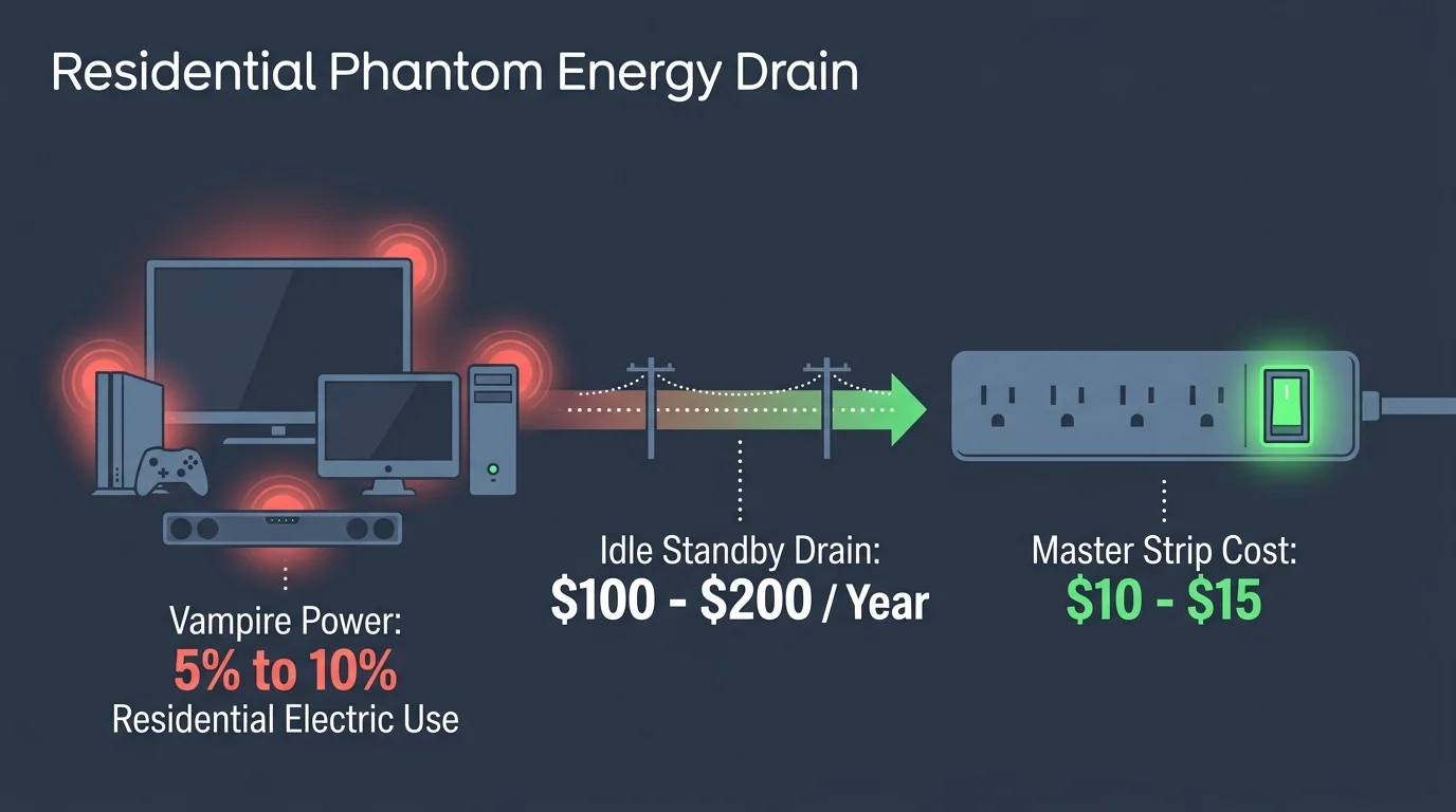 Infographic linking glowing idle electronics costing $100-$200 yearly in standby power to a master-switch power strip.