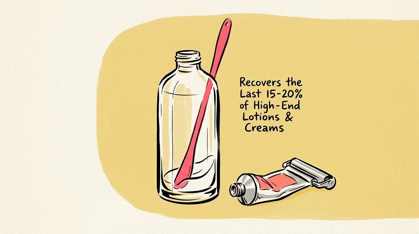 Illustration of a clear glass bottle with a pink spatula inside, next to a squeezed tube rolled with a winding key.