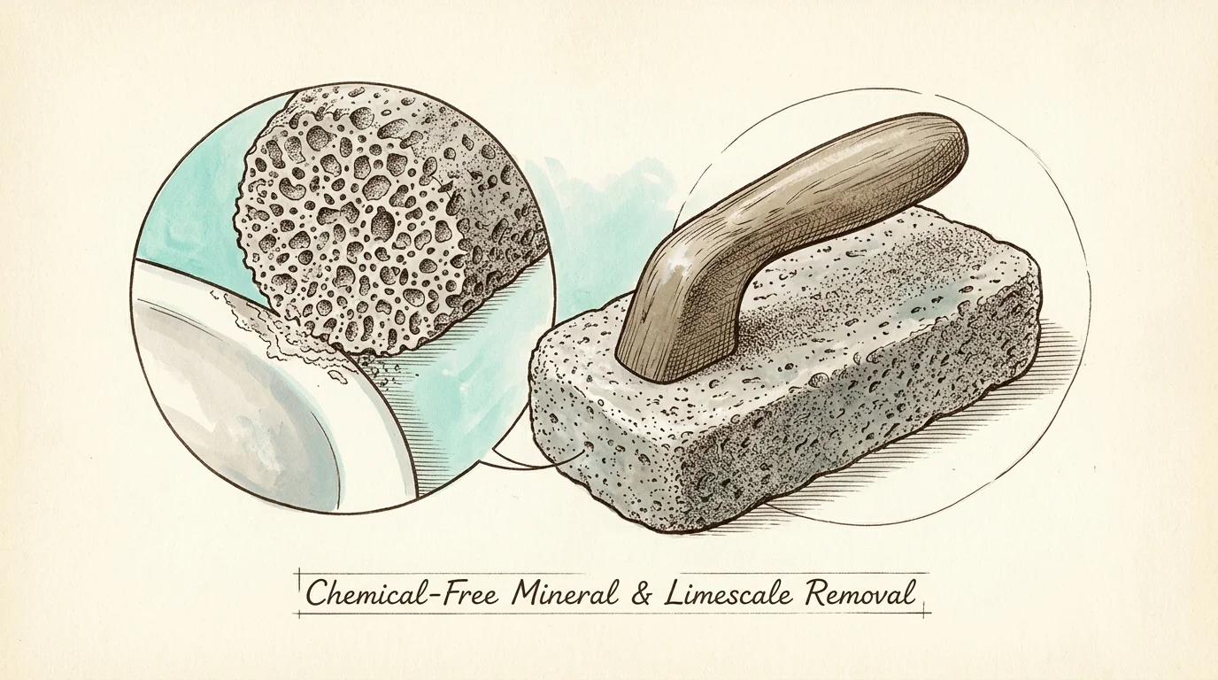 Illustration of a handled pumice cleaning stone with a circular inset showing porous stone scrubbing a toilet bowl rim.